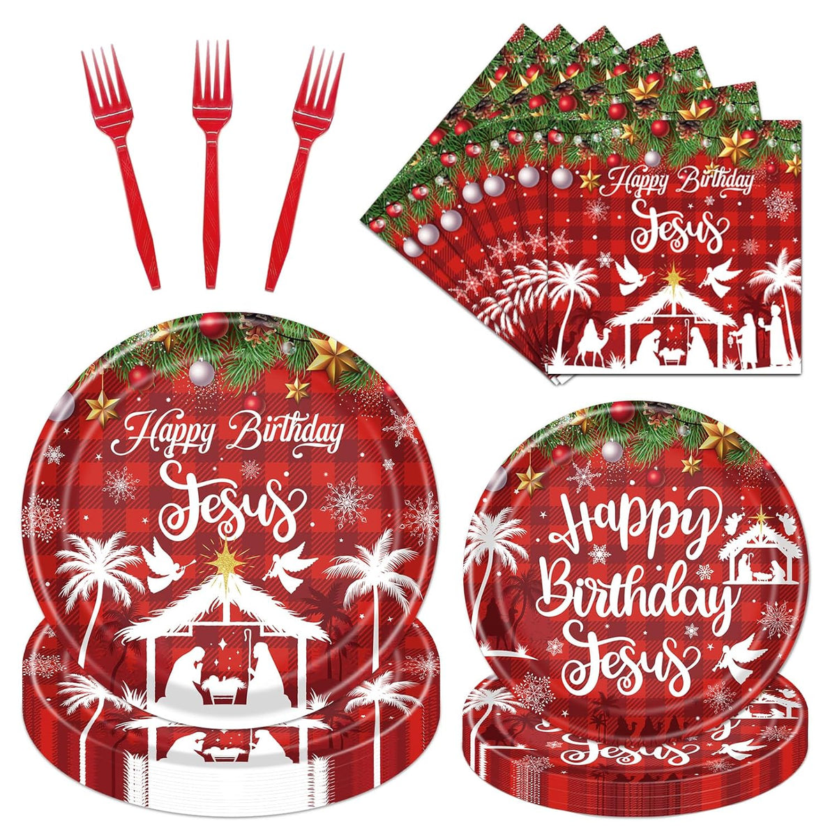 Deorfuy Christmas Nativity Party Decorations Tableware, 96Pcs Happy Birthday Jesus Disposable Paper Plates And Napkins Decoration, Xmas Jesus Is The Reason For The Season Forks Supplies Serves 24