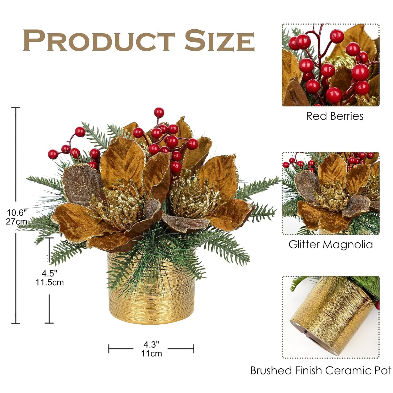 13 Inch Brown Christmas Table Centerpiece 5" Glitter Magnolia Flower And Berries Fir Greenery Artificial Christmas Floral Centerpiece In Ceramic Pot Tabletop Xmas Table Arrangement Decoration