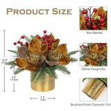 13 Inch Brown Christmas Table Centerpiece 5" Glitter Magnolia Flower And Berries Fir Greenery Artificial Christmas Floral Centerpiece In Ceramic Pot Tabletop Xmas Table Arrangement Decoration