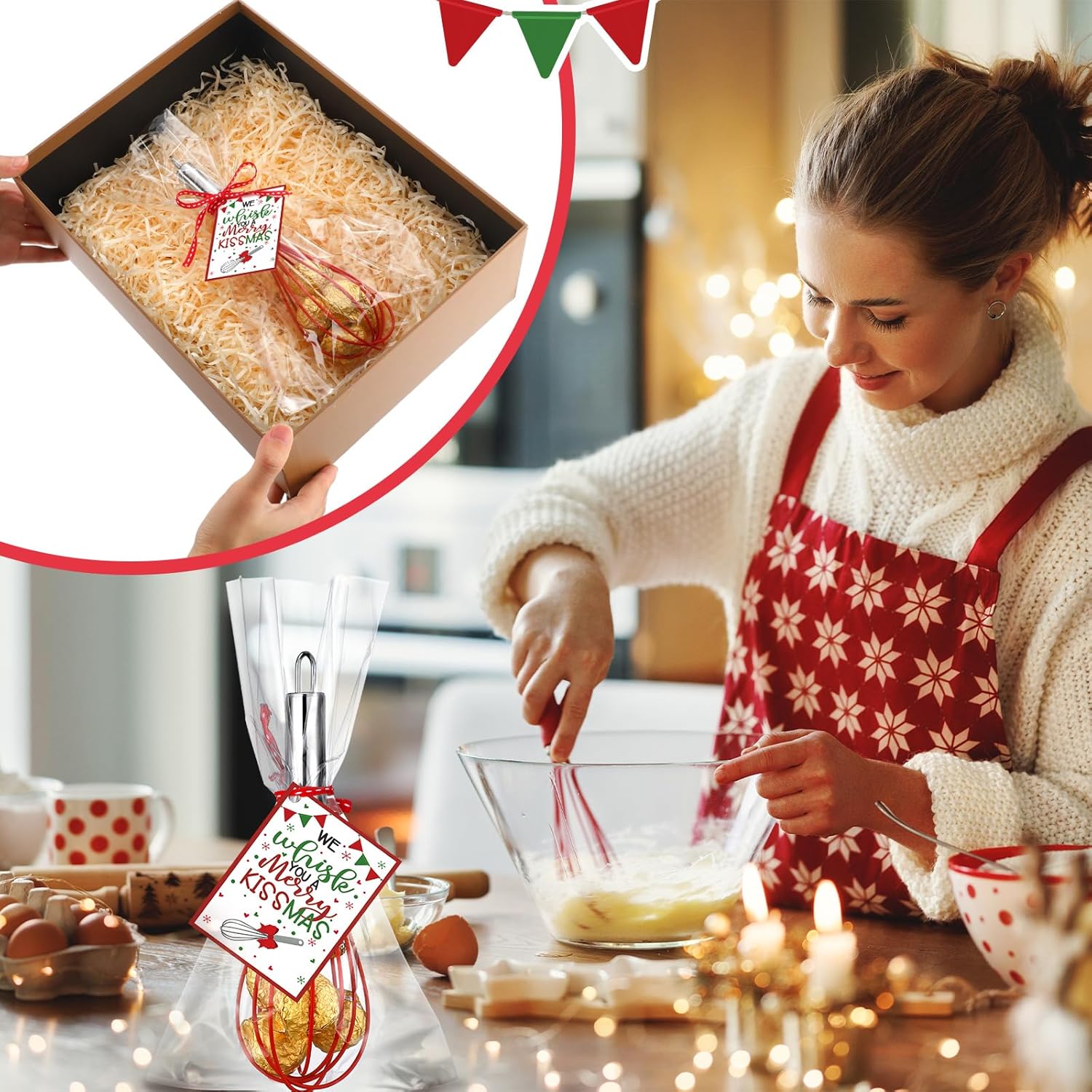 6 Sets 10 Inch Christmas Whisk Baking Gifts Sets Includes Stainless Steel Whisk Greeting Cards Ribbon And Plastic Bags For Neighbor Family Cooking Supplies Christmas Stocking Stuffers Ideas