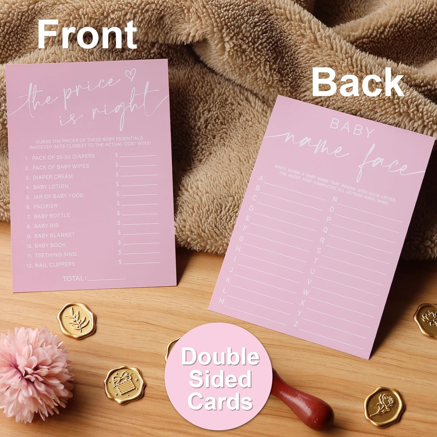 Baby Shower Games For Girl – Set Of 4 Funny Baby Shower Games For 30 Guests, Guess Who Mommy Or Daddy, Price Is Right, Name Face, Guess The Baby Food Fun Baby Shower Game Double-Sided Cards