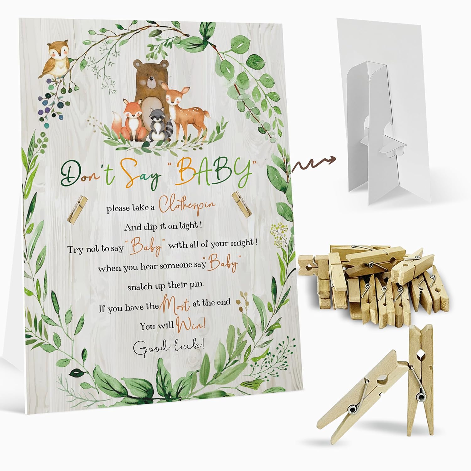 Don'T Say Baby Clothespin Game Sign (8×11??Woodland Animal Baby Shower Game Decoration Set?1 Sign + 50 Mini Clothespins)?Gender Neutral Boy Girl Baby Shower