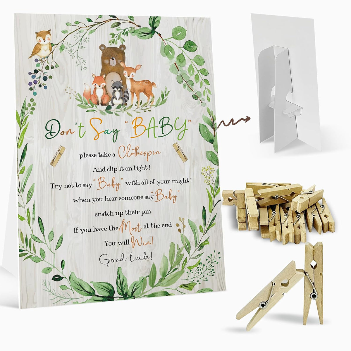 Don'T Say Baby Clothespin Game Sign (8×11??Woodland Animal Baby Shower Game Decoration Set?1 Sign + 50 Mini Clothespins)?Gender Neutral Boy Girl Baby Shower