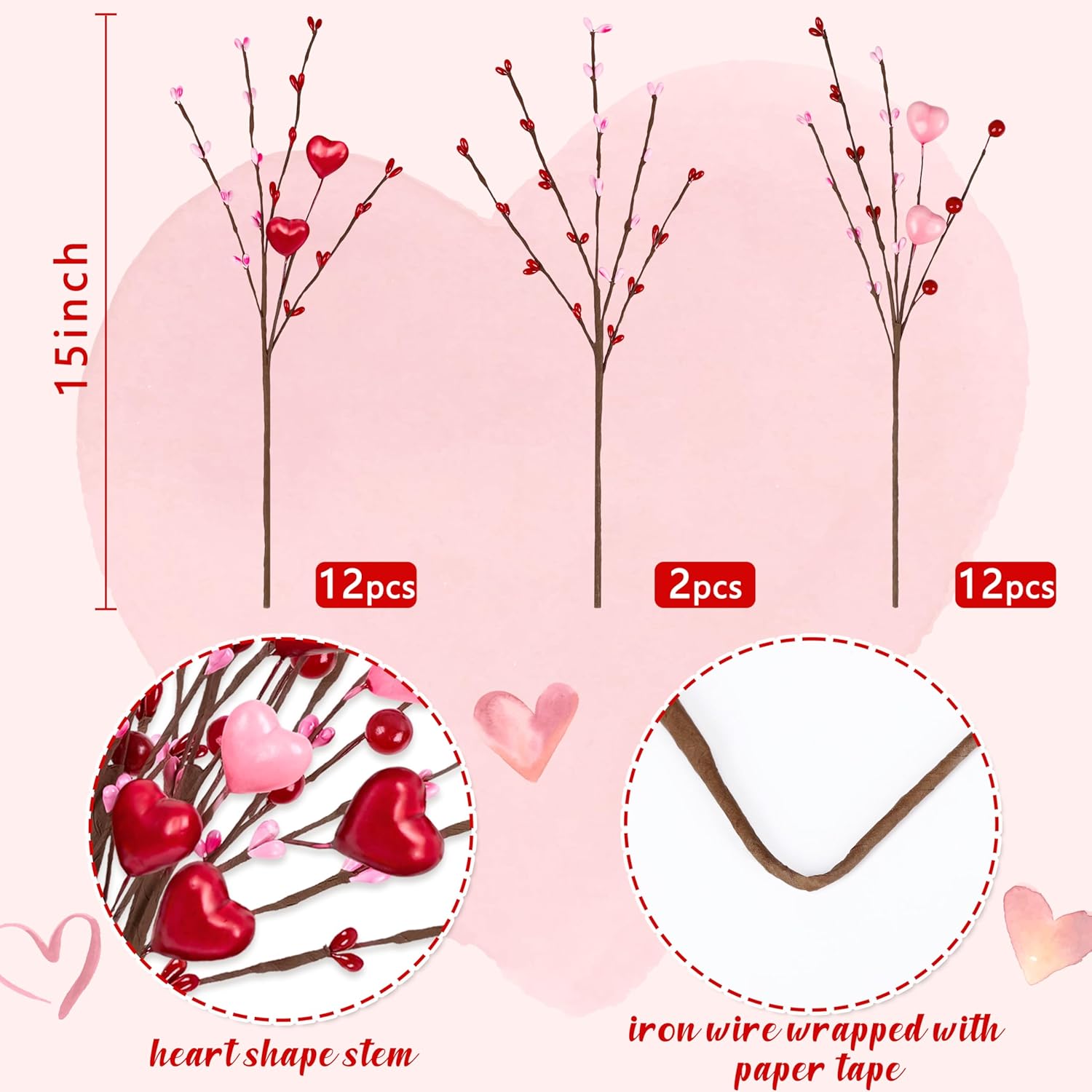 26Pcs Valentines Decorations Day Artificial Flowers Picks Decor - Berry Stems With Red Pink Heart Gifts For The Home Table Centerpieces - Style 2