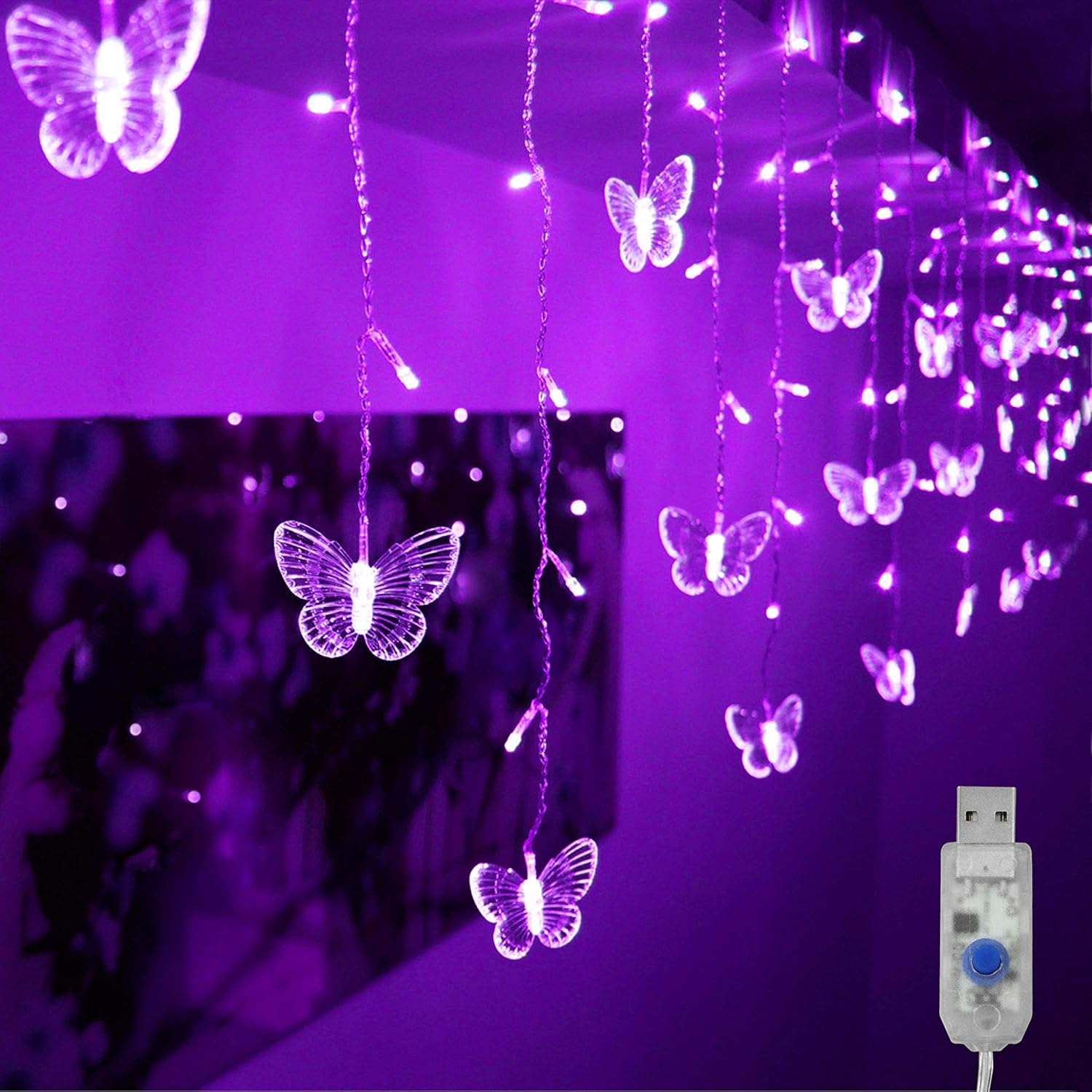 Butterfly Curtain Lights, 4.9Ft 48 Led Usb Window Fairy Lights 10 Butterflies 8 Modes Firefly Twinkle String Lights For