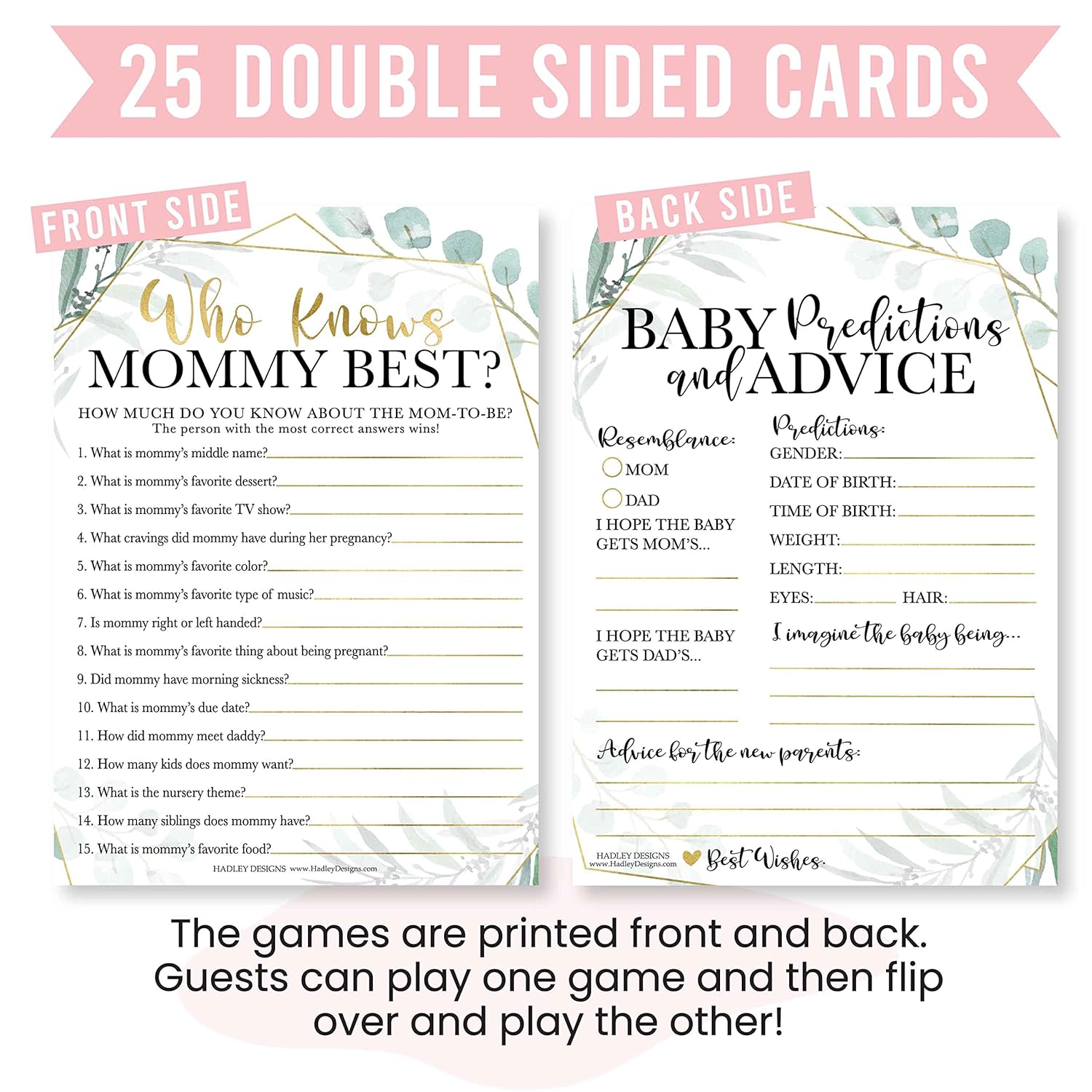 Baby Shower Games For 25 Guests - Greenery Baby Predictions & Advice Cards For New Parents, Who Knows Mommy Best, Babyshower Game Girl Boy Gender Neutral, Gender Reveal Games
