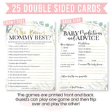 Baby Shower Games For 25 Guests - Greenery Baby Predictions & Advice Cards For New Parents, Who Knows Mommy Best, Babyshower Game Girl Boy Gender Neutral, Gender Reveal Games
