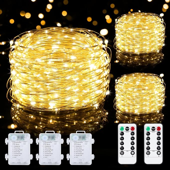 3 Pack Battery Operated Fairy Lights 33FT 100 LED Warm White String Lights with Remote Timer 8 Modes Dimmable Waterproof for Indoor Outdoor Decor
