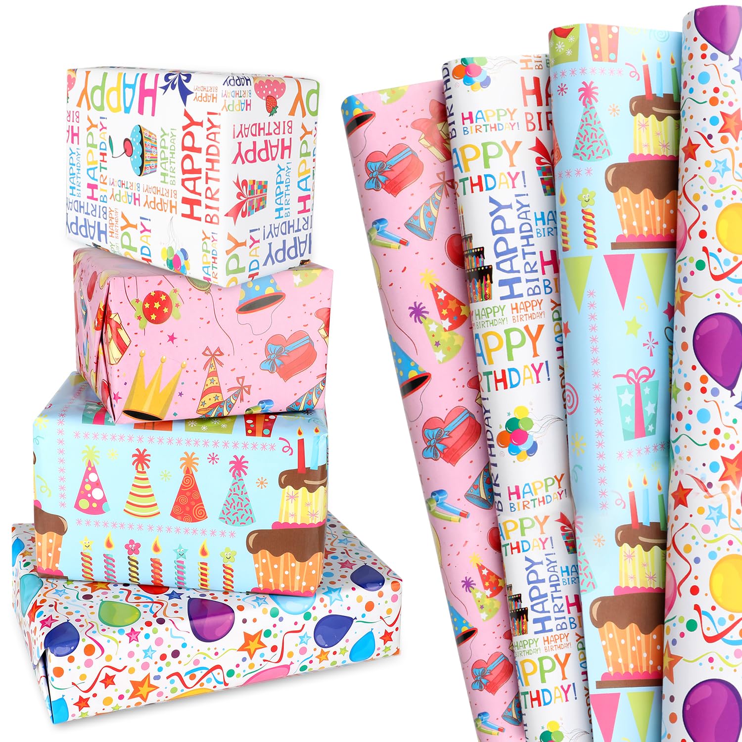 Birthday Wrapping Paper Sheet, 12 Sheets Folded Flat Gift Wrapping Paper, 4 Styles Happy Birthday Gift Wrap With Balloons, Candles, For Birthday Party, Baby Shower And Holiday, 19.7" X 27.5" Per Sheet