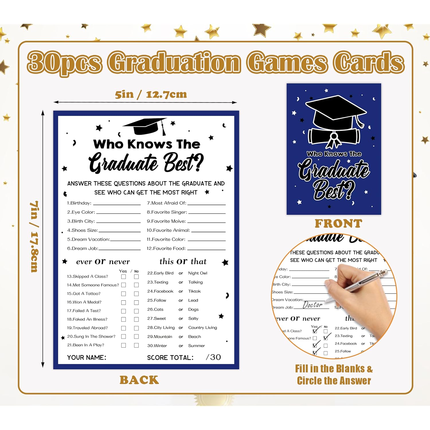 Who Knows The Graduate Best - Graduation Games For Parties 2025, 30Pcs Blue Double-Side Printed Graduation Party Games Cards For High Senior College School Grad Party Favor Supplies