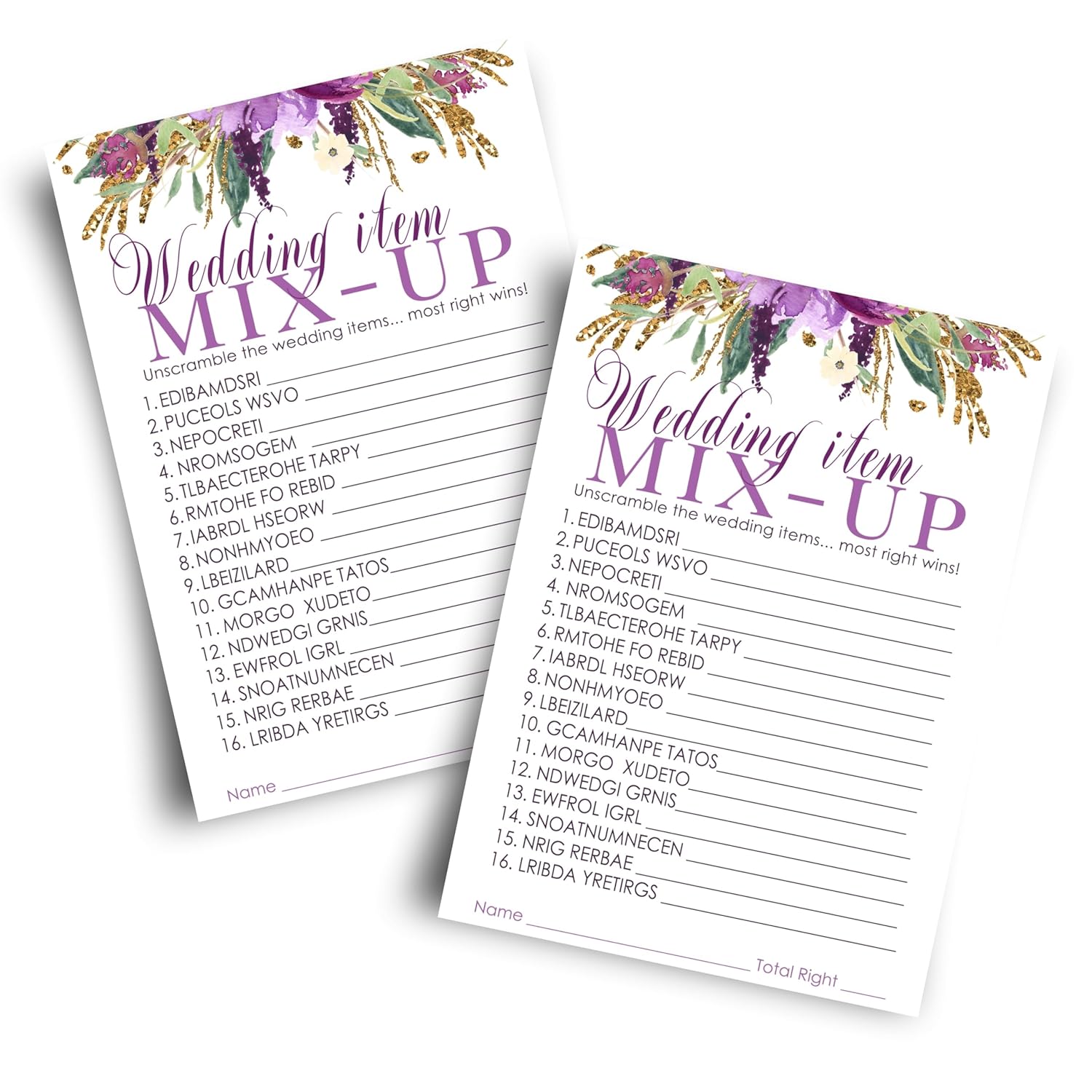 Purple Floral Bridal Shower Games - 25 Wedding Word Scramble Cards - Fun Guessing Activity For Engagement Parties And Rehearsal Dinners - Rustic Theme