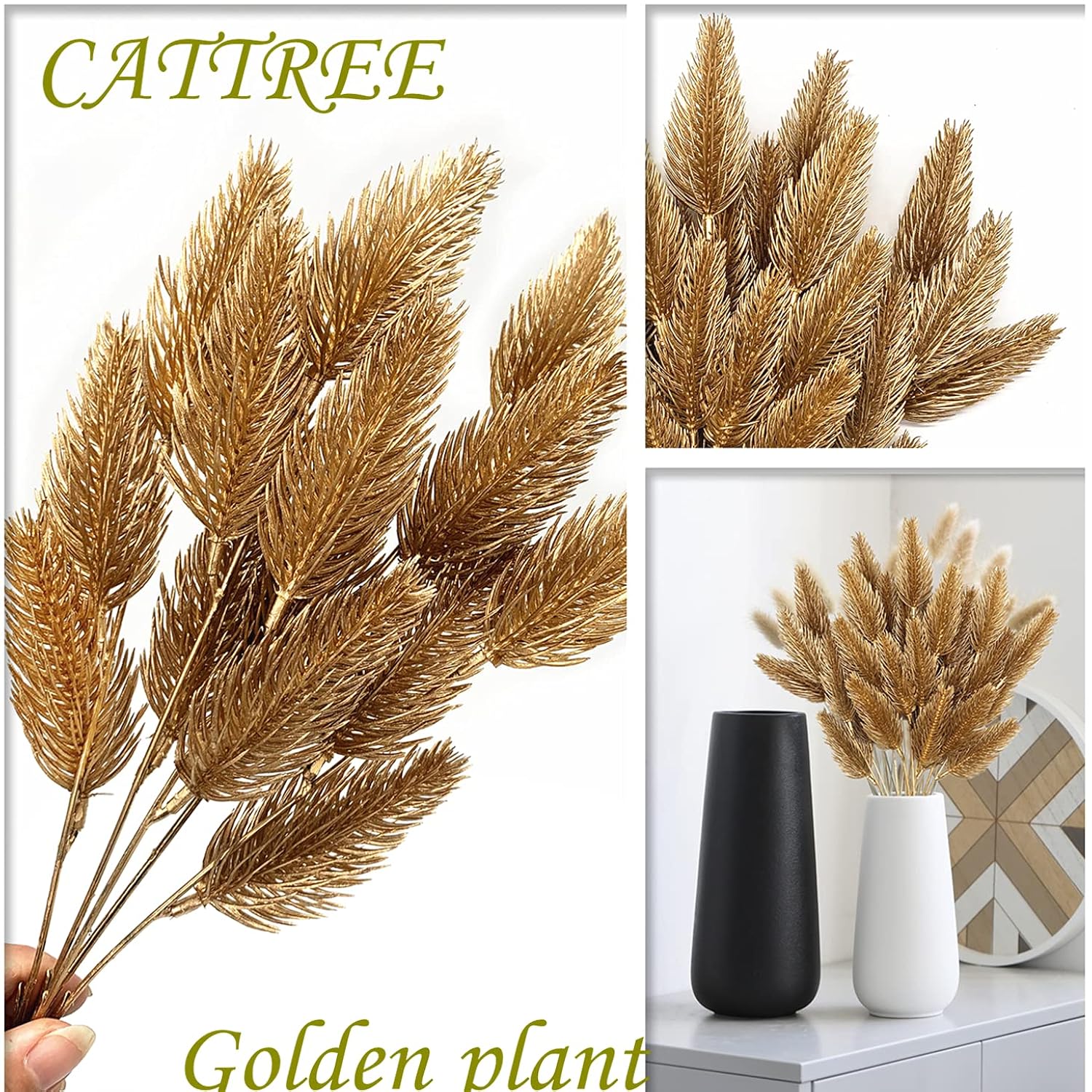 Artificial Gold Plants Plastic Fake Grass Faux Shrubs Simulation Bushes Home Indoor Outdoor Garden Leaves Wedding Festival Decoration Hall Table Planter Filler – Golden Pine Cones 4 Pack