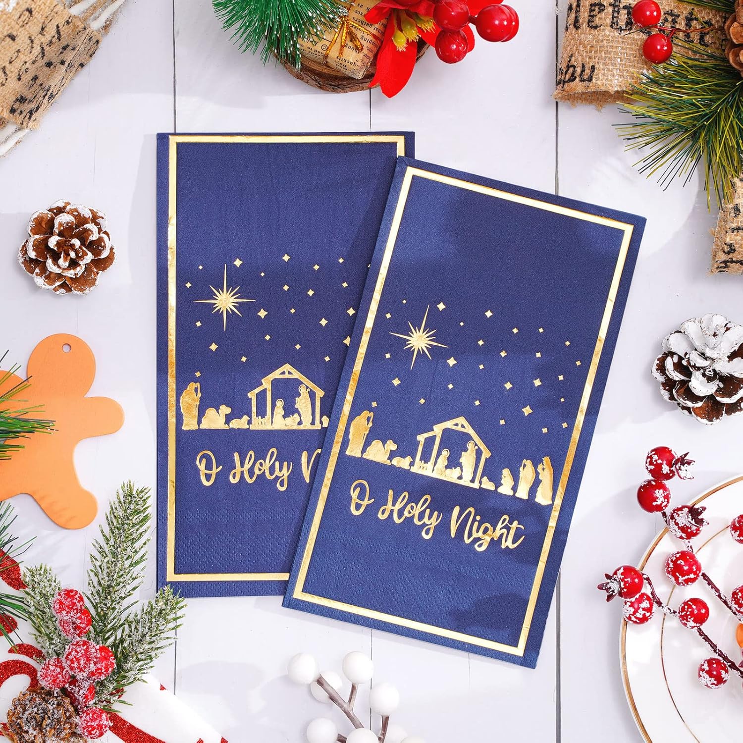 80Pcs Christmas Guest Napkins Religious Gold Foil Dark Blue Nativity 3 Ply Disposable Paper Pack Xmas Jesus Holy Night Holiday Hand Napkin Towel For Christmas Party Home Dinner Table Decor