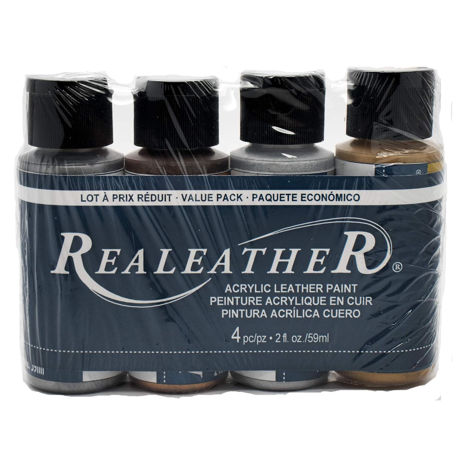 Realeather F2604-02 Acrylic Leather Paint Set, Full Coverage, Waterproof Paint 2 Fl. Oz. Metallic Colors, Gold, Bronze, Silver, Gunmetal, 4-Pack