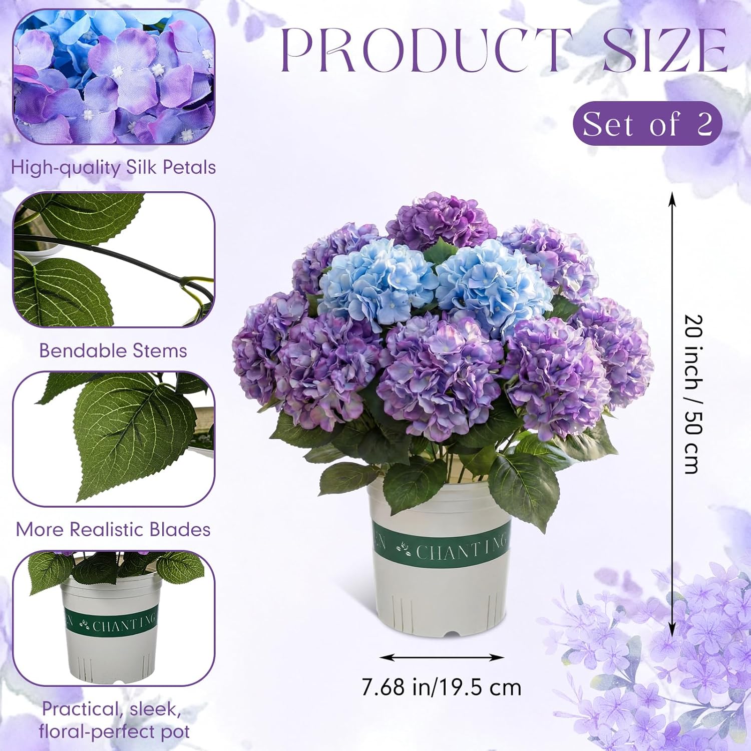 2 Pack Hydrangea Artificial Flowers Bouquets With Pot - Fake Silk Hydrangeas Faux Flowers For Home Arrangements Porch Garden Wedding Party Decor(Gradient Purple)