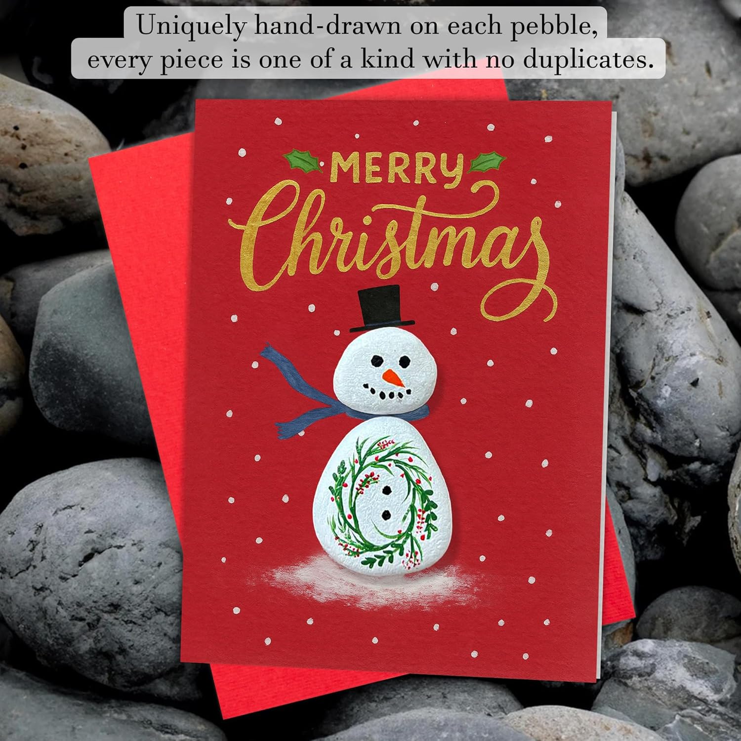 Handmade Snowman Christmas Greeting – Pebble Art Holiday Design With Envelope – Small Happy Holidays Mini, Winter-Themed Stationery, Unique Handmade Gift For Christmas