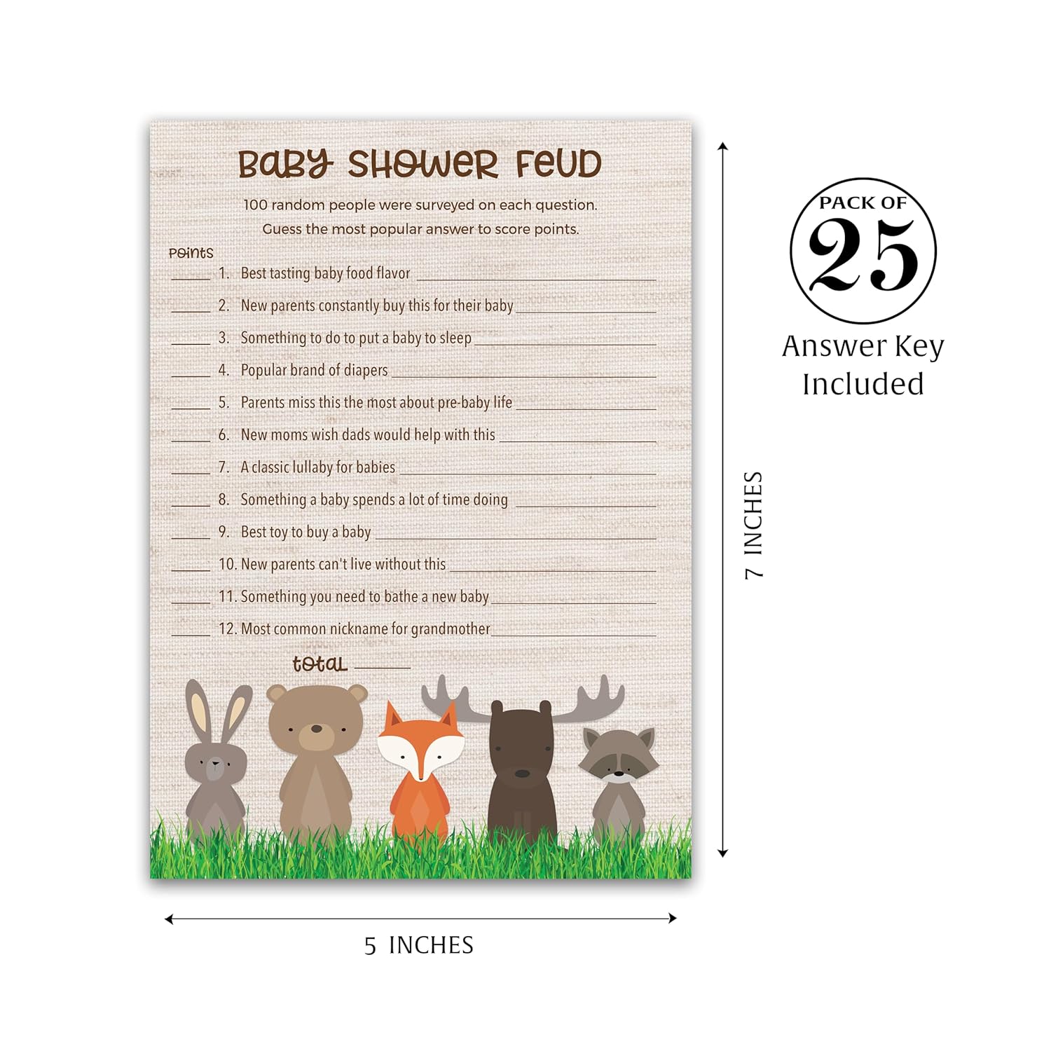 Woodland Animals Baby Shower Feud Game — Pack Of 25 — Country Rustic Gender Neutral Jungle Fun Shower Family Feud Games, Fall Outdoors Shower Activity G601-Bsf