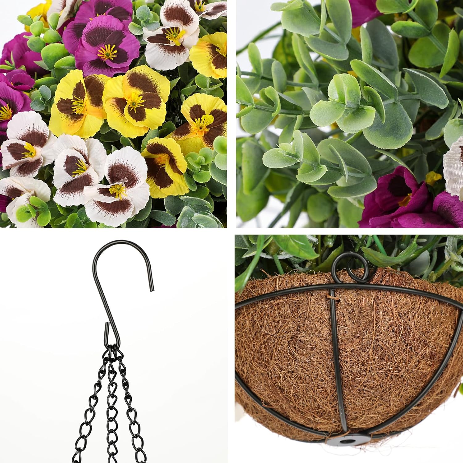Artificial Hanging Basket Flowers Outdoor – 25.5” Uv-Resistant Pansy Hanging Plant With 15.3” Full Bloom Ball, Lush Trailing Faux Flowers For Porch, Balcony, Patio & Garden Year-Round Decor