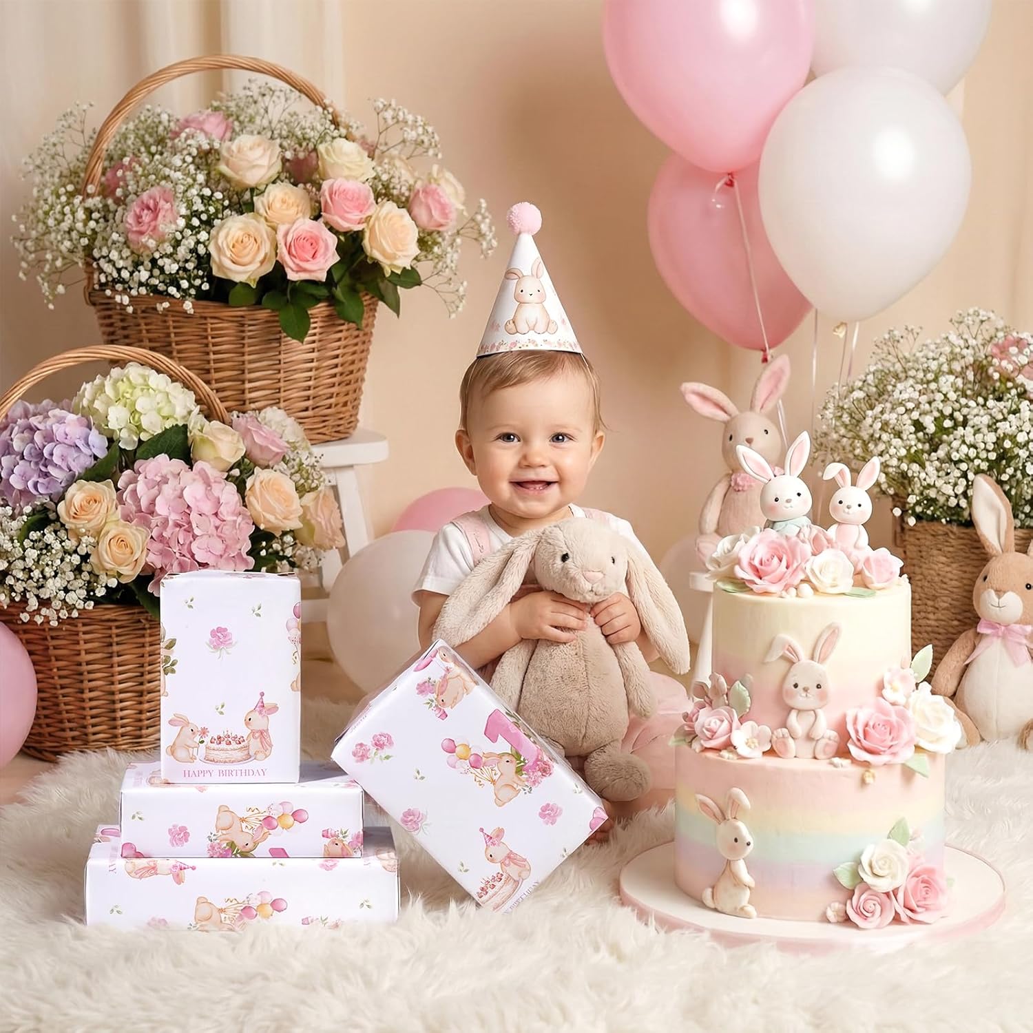 Girls 1St Birthday Wrapping Paper Roll, 17 In X 16.4 Ft, Mini Roll - Pink Bunny Floral Happy Birthday Gift Wrap Paper With Cakes, Perfect For Girls First Birthday'S Party Decor, Baby Shower