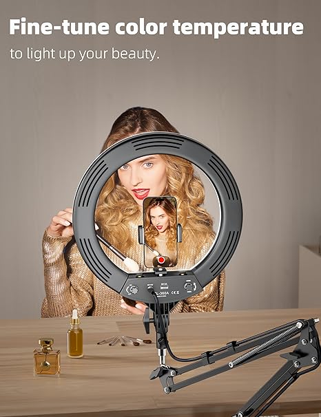 14 Inch LED Ring Light with Overhead Phone Mount Stand and Holder for Video Recording Streaming and Content Creation