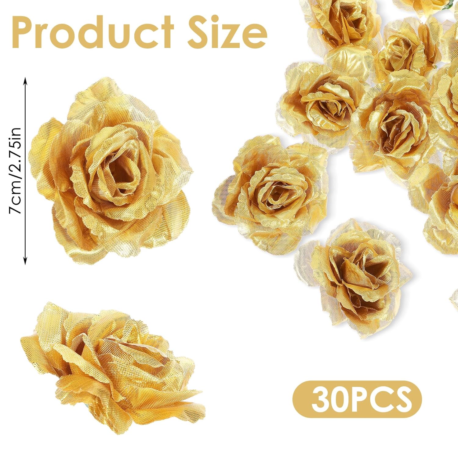 Gold Roses Artificial Flowers, 30 Pcs Fake Silk Gold Flowers Real Looking Faux Blossom Rose Flower Head For Wedding Bouquet Party Decor Diy Crafts Floral Arrangements