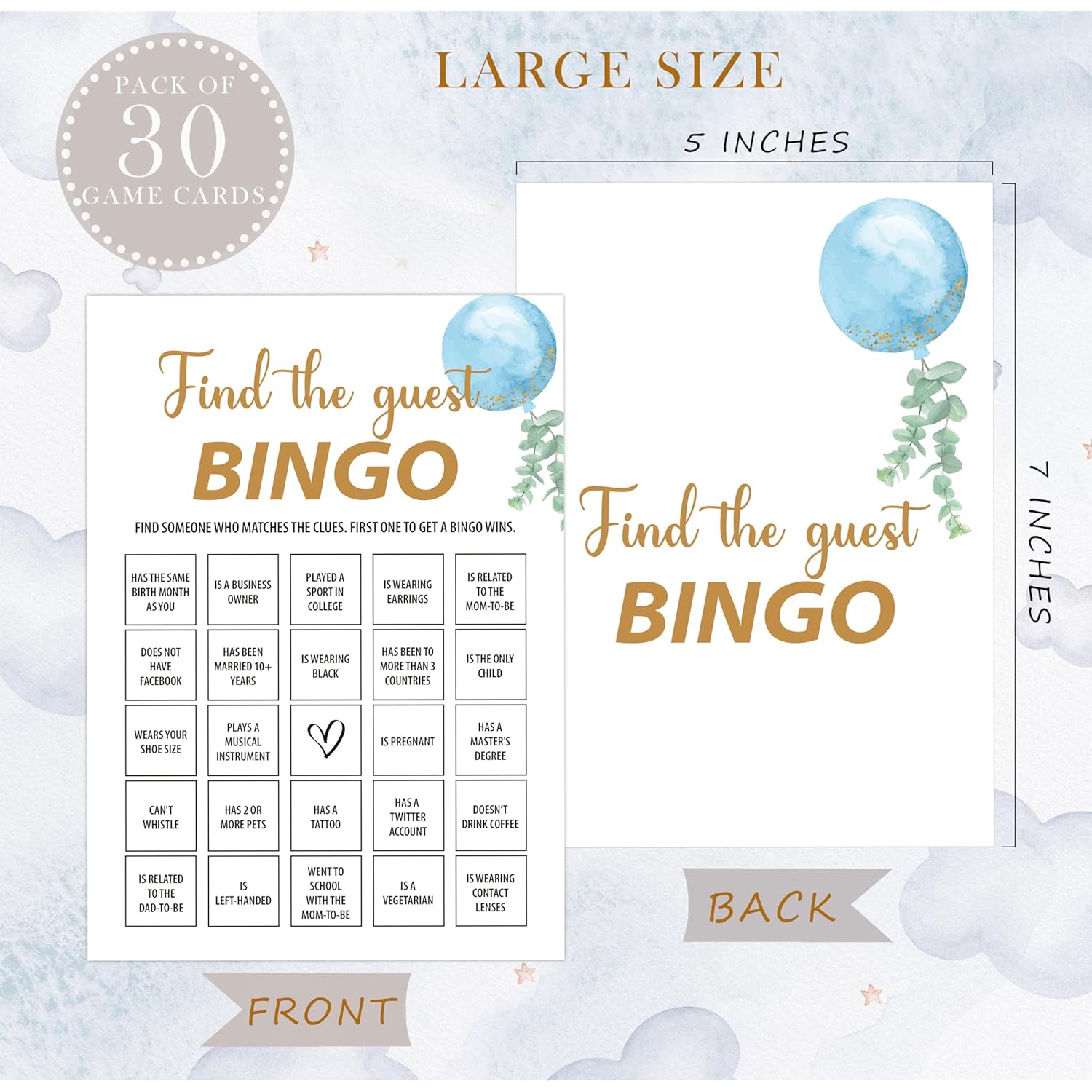 Blue Balloon Find The Guest Bingo Game, Pack Of 30 Cards, Baby Shower Game, Gender Neutral Boy Or Girl, Fun Activity - Gn39
