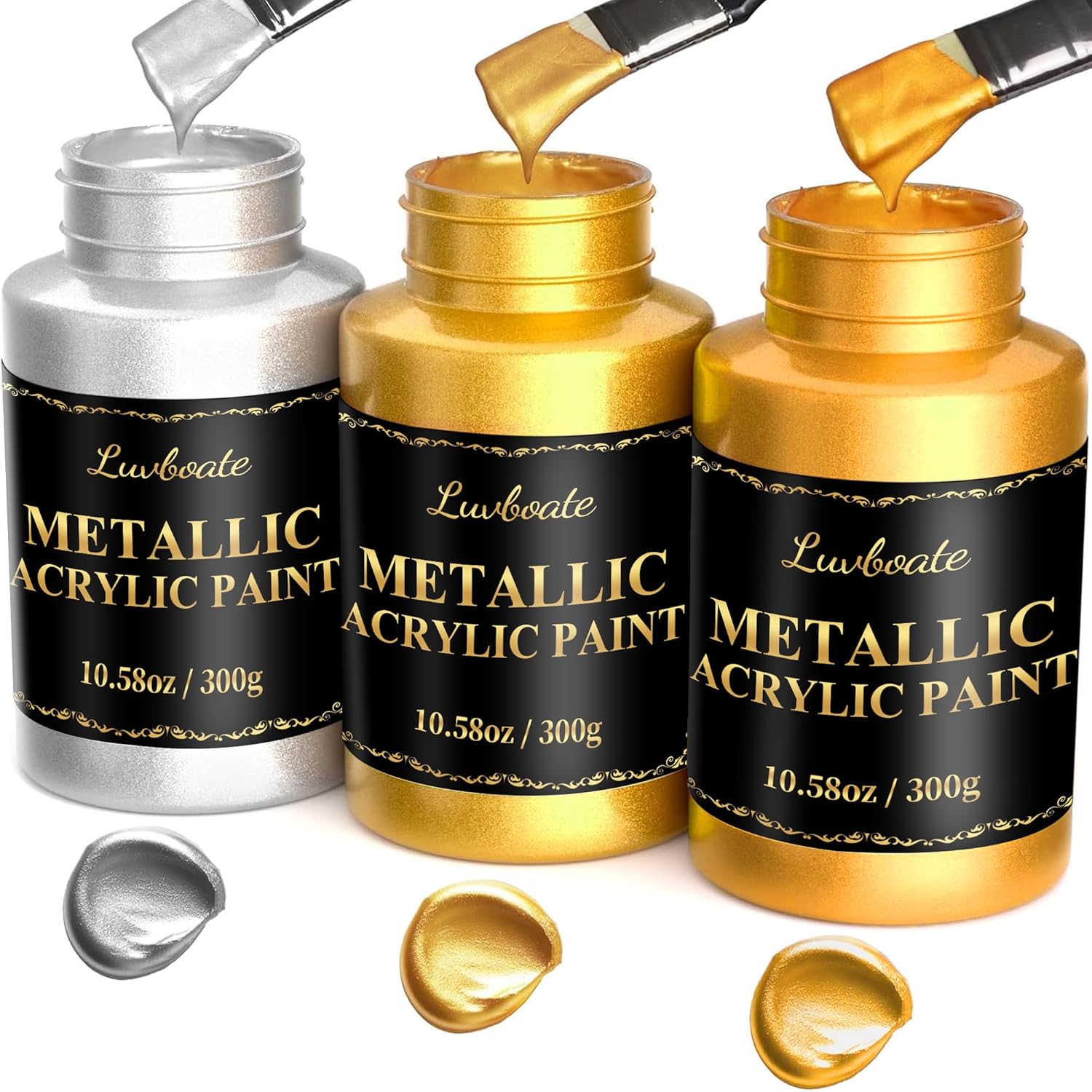 Acrylic Metallic Paint, 3 Colors 24K Gold & Bright Gold & Silver 31.75Oz(900G), Non-Toxic Golden Paint, Non Fading Metal Paint For Art Painting On Fabric, Canvas, Wood, Clay, Crafts