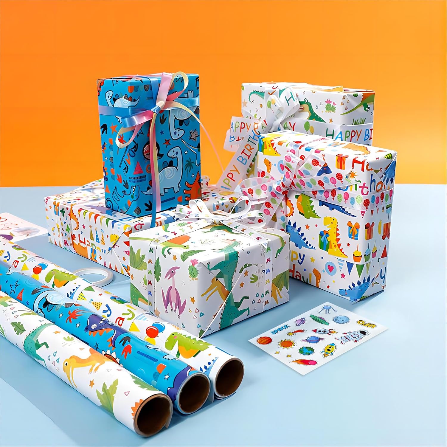 Happy Birthday Dinosaur Wrapping Paper - 3 Rolls, 17" X 120" Each, Packing Paper, Gift Wrap, Dinosaur Party Favor, Birthday Wrap For Girls & Boys, Baby Shower