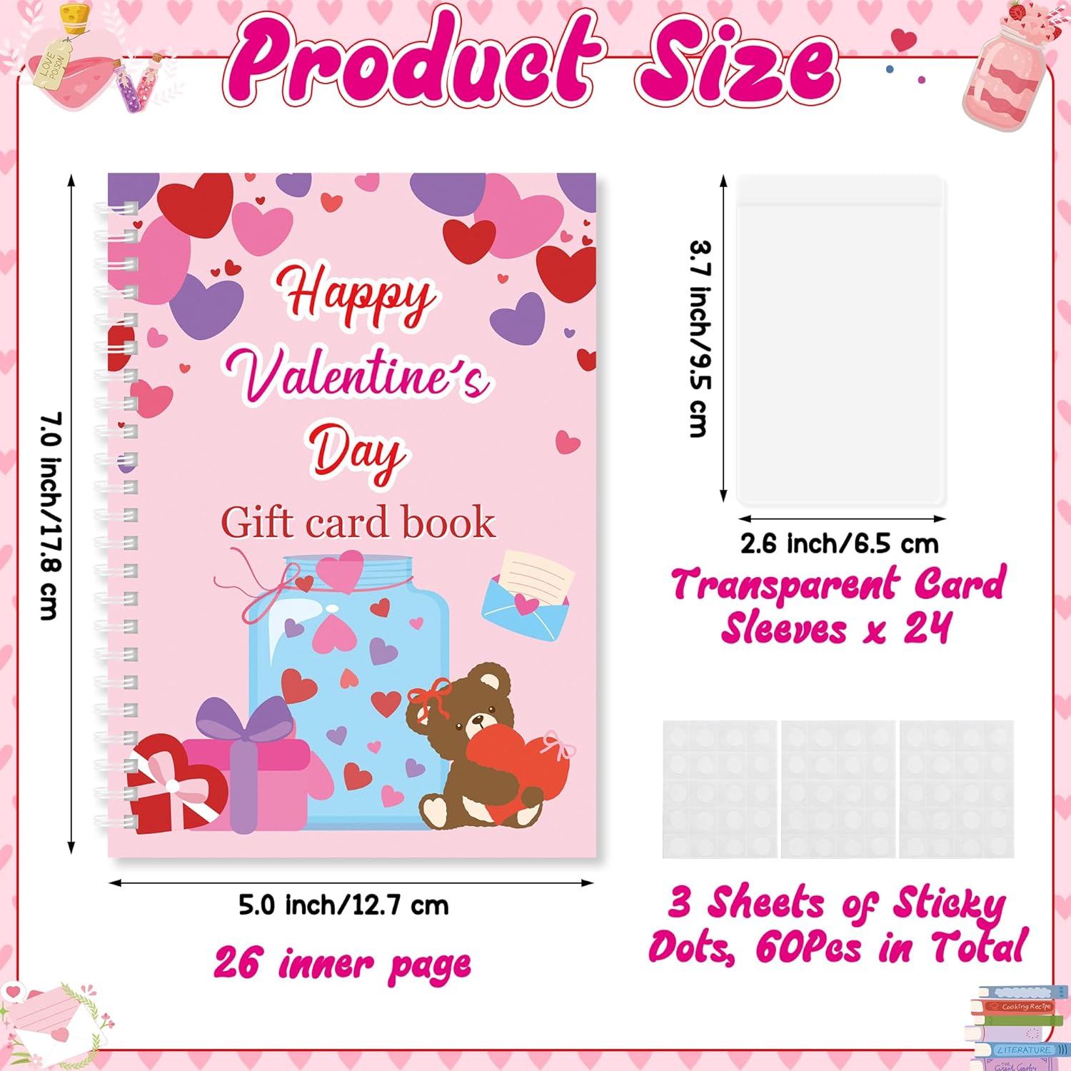 Valentine’S Day Gift Card Book - 24 Page Filled Love Spiral Bound Booklet Organizer With Protective Pvc Card Holders Sticky Dots, Creative Gift For Her, Family, Girlfriend, 5X7 Inches