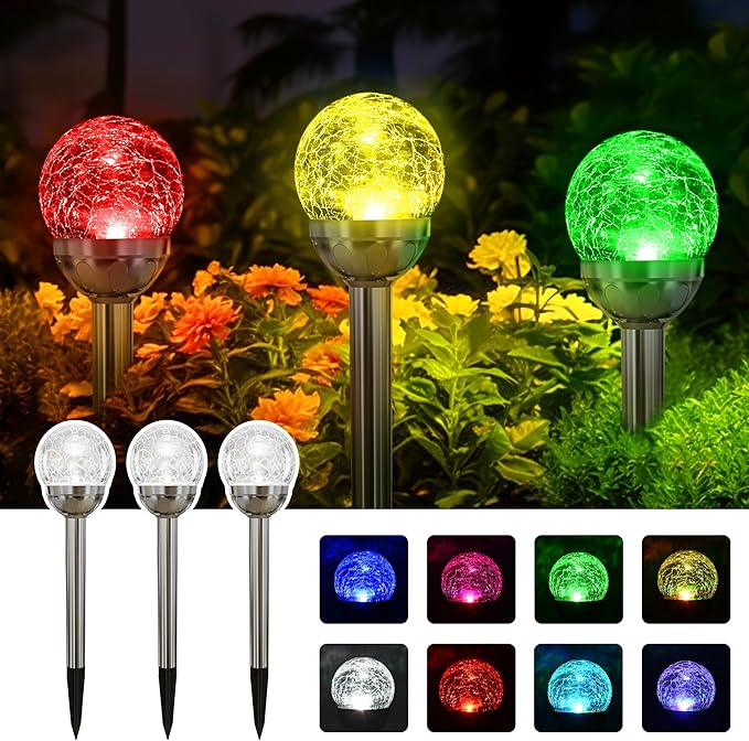 3 Pack Solar Glass Ball Garden Lights Multi Color Changing & White Waterproof Patio Decor