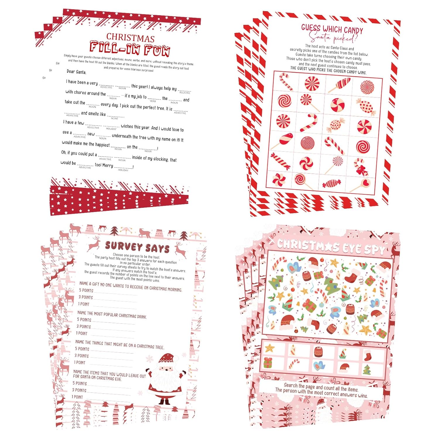 Christmas Party Games For Large Groups Class 25 Players Family Holiday Game Cards 4 Design, Eye Spy, Survey Says, Guess Which Candy, Fill In Fun, Answer Cards Funny Xmas Party Activities