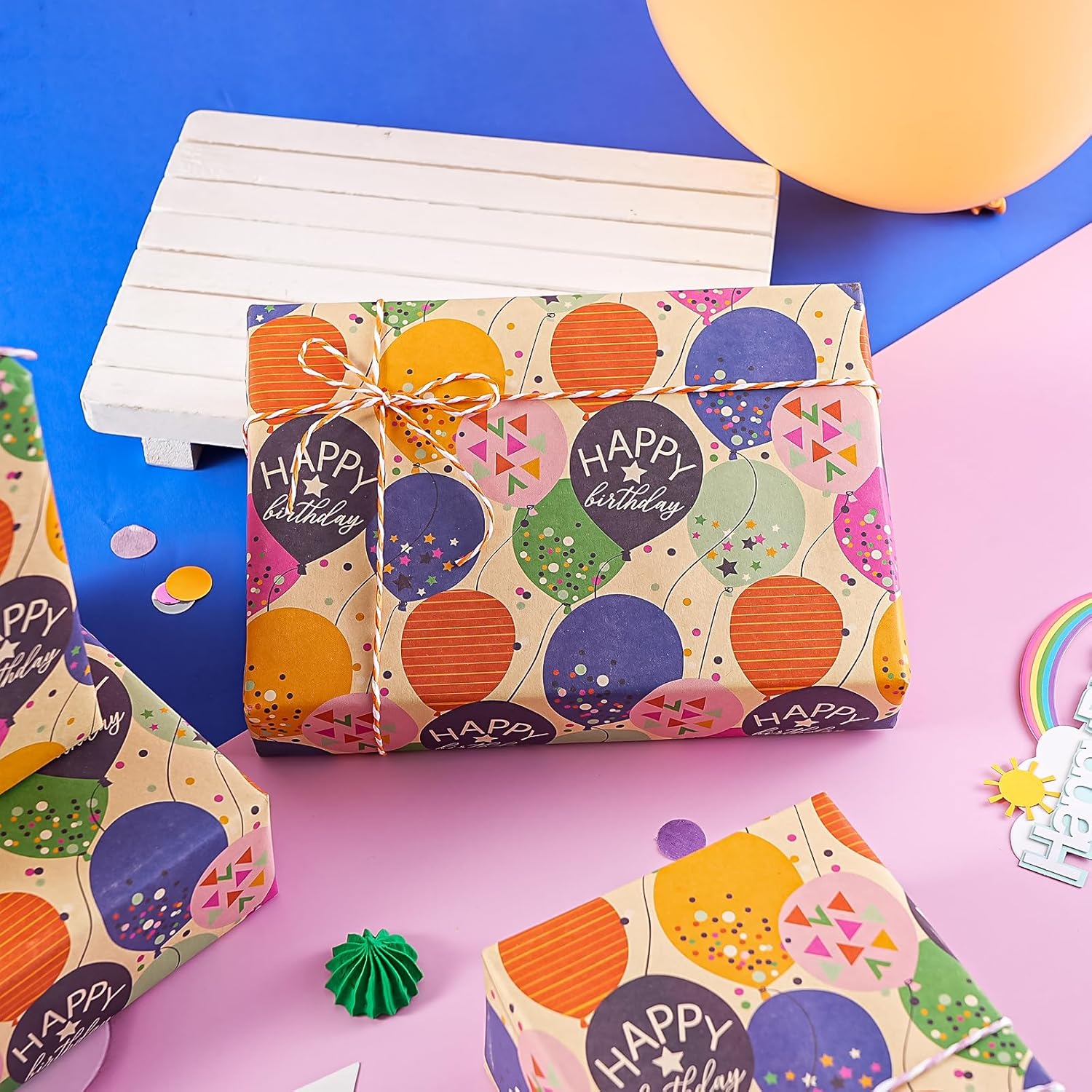Kraft Birthday Wrapping Paper Sheet - 6 Sheets Folded Colorful Balloon With Confetti Design For Birthday, Baby Shower, Party, Holiday - 19.7 Inch X 27.5 Inch Per Sheet