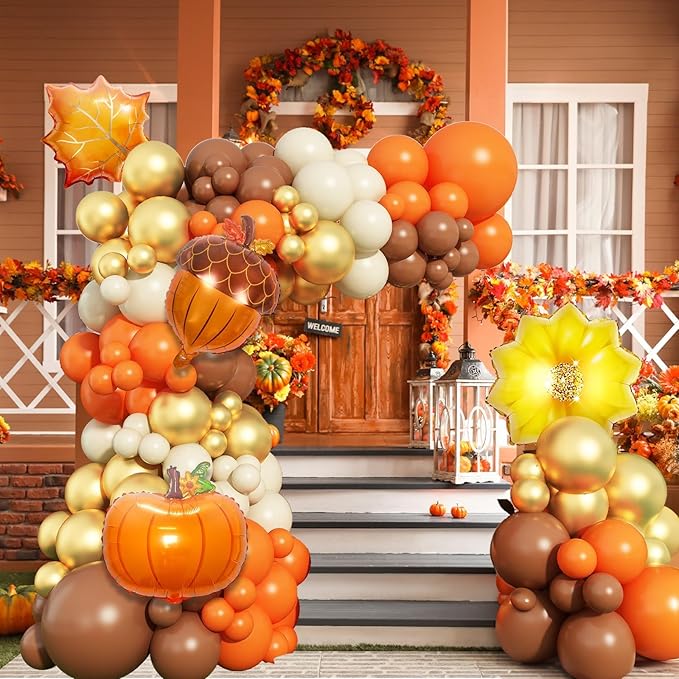 Fall Balloon Arch Kit Orange Burgundy Brown Beige White Maple Leaf Pumpkin Balloons Decor