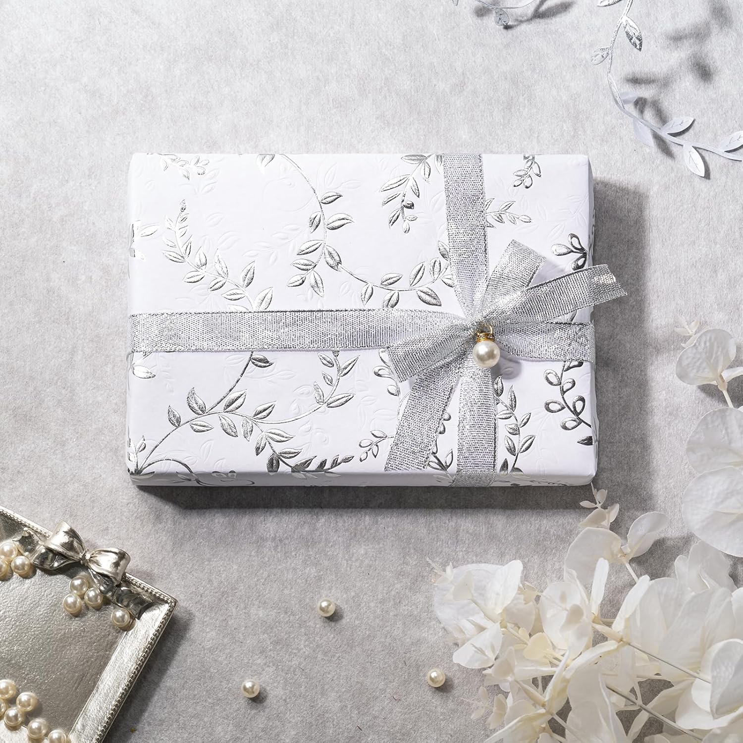 3D Kraft Wedding Wrapping Paper Roll - Mini Roll - 17 Inch X 16.5 Feet - Silver And White Leaves Design With Embossed Perfect For Birthday, Bridal Shower, Wedding, Baby Shower