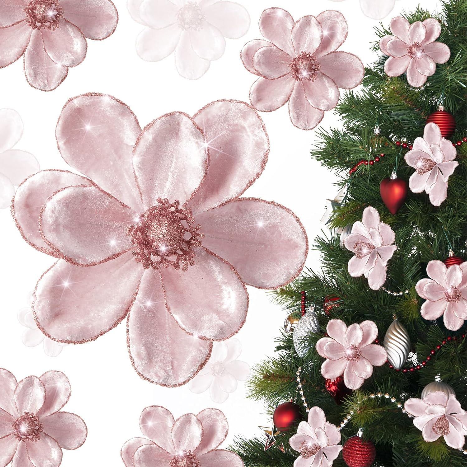20 Pcs Christmas Velvet Poinsettia Flowers Ornaments 6.3Inch Glitter Artificial Magnolia Flower Christmas Tree Ornament With Stem For Xmas Tree Decorations Wedding Decor Supplies(Pink)