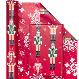 Reversible Nutcracker Christmas Wrapping Paper - Mini Roll - 17 Inch X 33 Feet - Red Nutcracker And Snowflake Wrapping Paper For Christmas, Holiday, Party