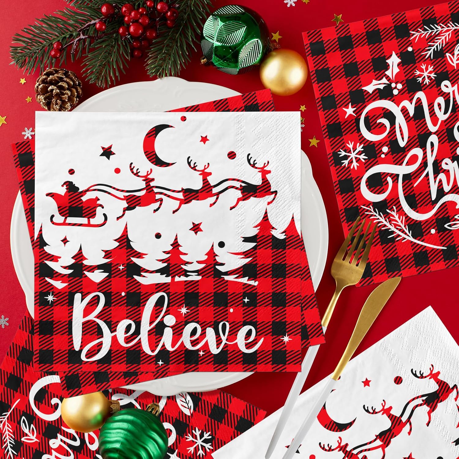 Christmas Napkins, 40Pcs Red And White Christmas Paper Napkins Disposable Snowman Christmas Cocktail Napkins White Merry Christmas Napkins For Xmas Winter Holiday Dinner Party Supplies