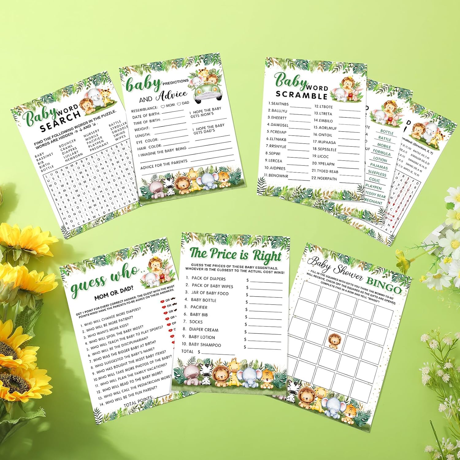 302 Pcs Safari Animal Theme Baby Shower Games, 6 Games, 50 Sheets Each, Shower Party, Word Scramble, Baby Word Search, Predictions And Advice, The Price Is Right