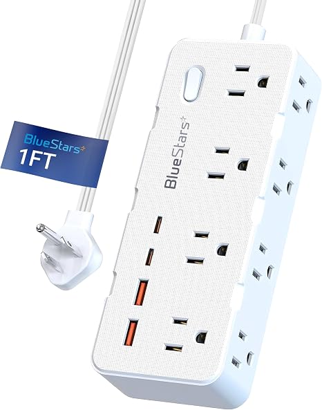 1 ft Short Extension Cord Power Strip with 8 Outlets and 4 USB Ports Flat Plug Surge Protector
