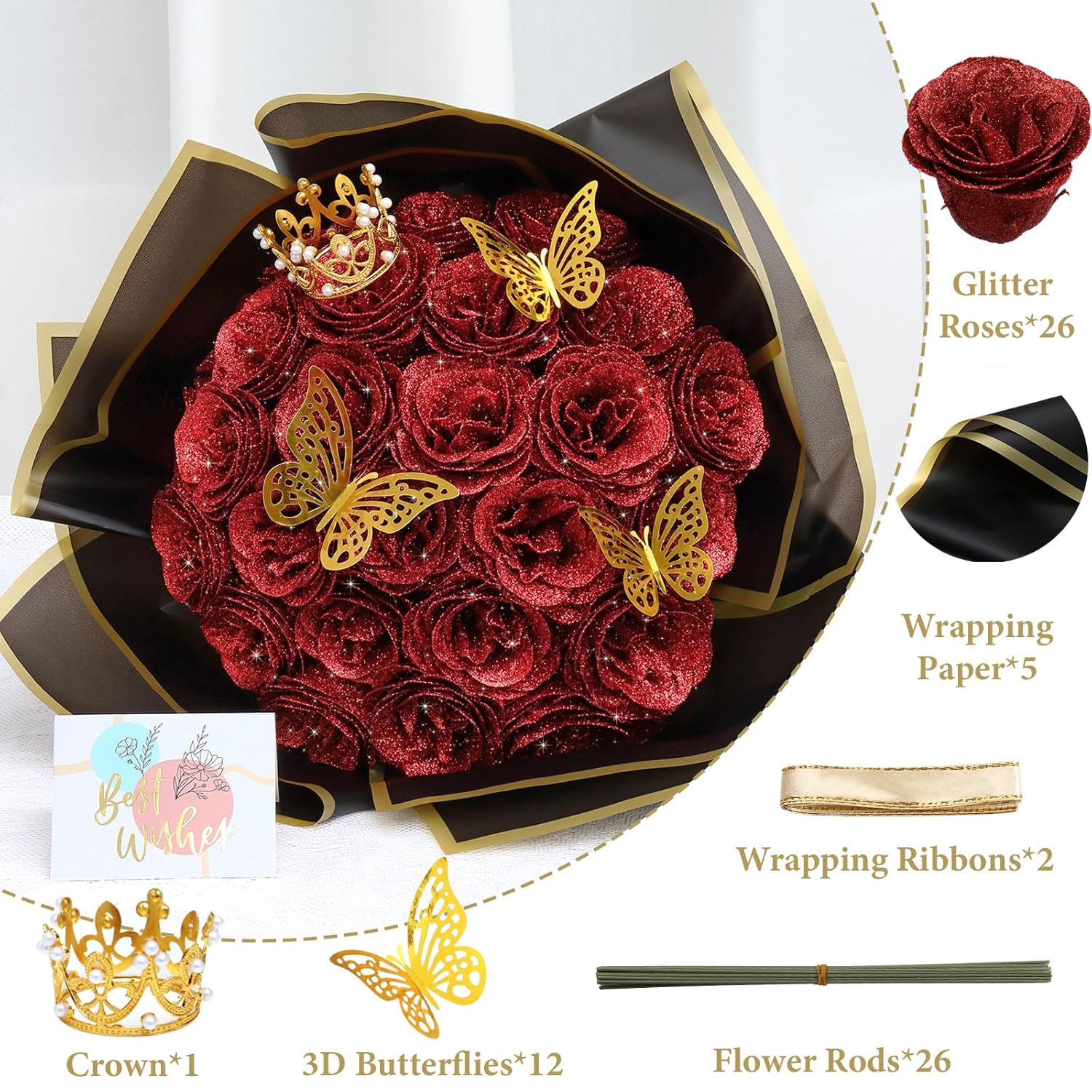 Glitter Roses Bouquet 26 Pack Diy Glitter Flowers Bouquet Shiny Artificial Red Rose Bouquet With Crown Butterfly For Mothers Day Flowers Anniversary Valentines Day Wedding Graduation Gift