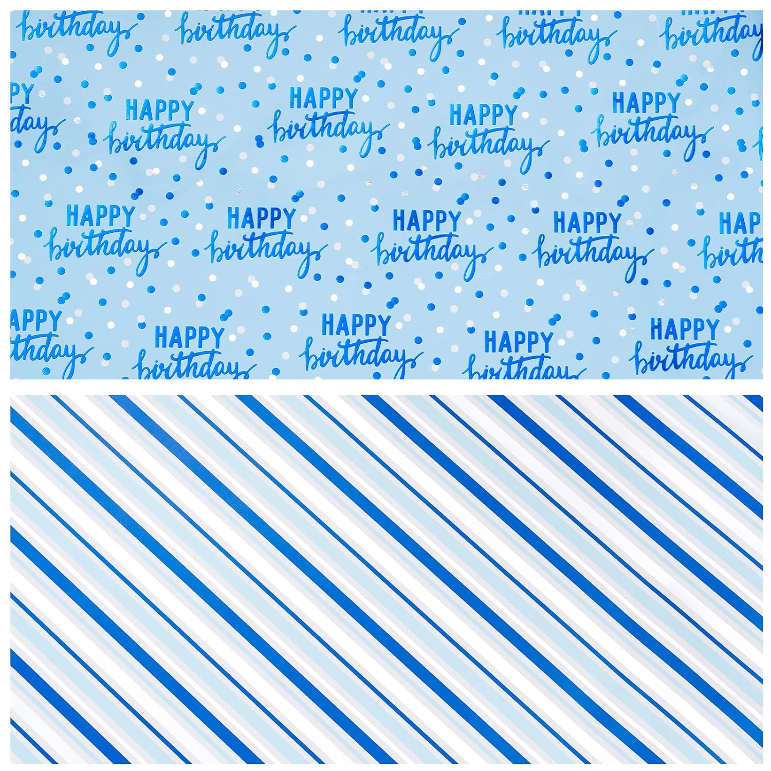 Reversible Blue Birthday Wrapping Paper Roll For Boys Men, Happy Birthday Lettering & Stripe Pattern With Metallic Foil In Blue, Mini Roll, 17 Inches X 9.8 Feet
