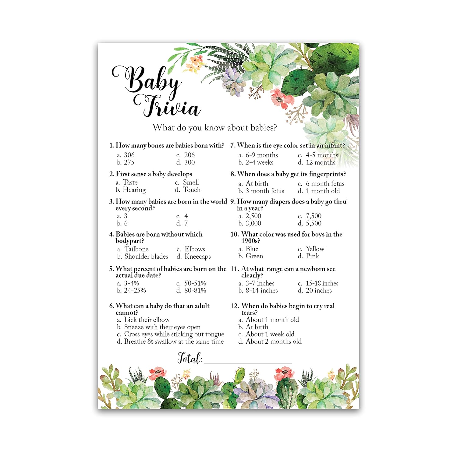 Succulents Baby Shower Games — Baby Trivia Game — Pack Of 25 — Fun Facts Floral Greenery Succulent Theme Co-Ed Couples Shower Activity, Rustic Gender Neutral Reveal Party G300-Trv