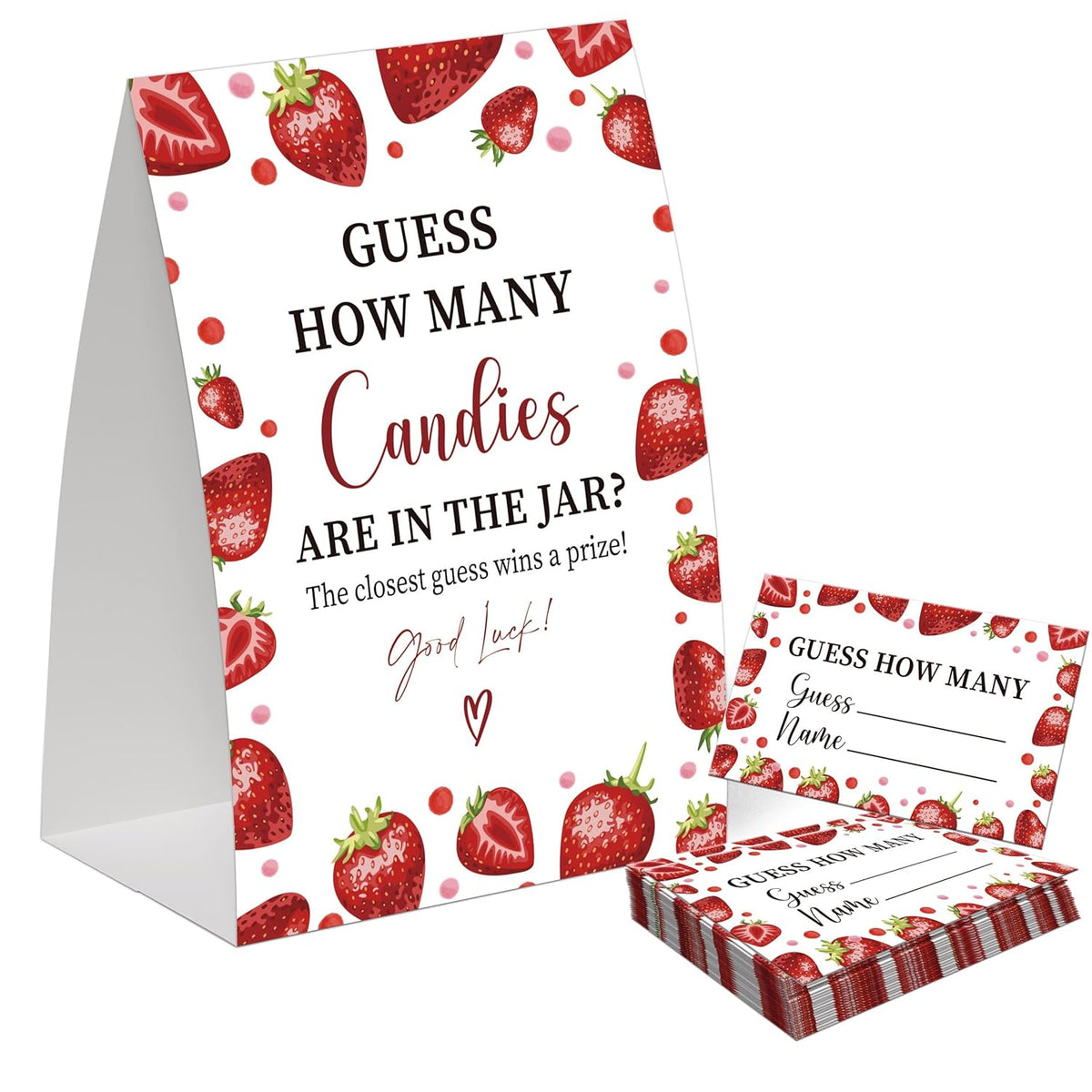 Strawberry Guess How Many Candies Are In The Jar Game For Baby Shower, Pack Of One 5X7 Sign And 50 Guessing Cards, Berry Sweet Baby Shower Decoration, Gender Neutral Party Supplies - Gc03