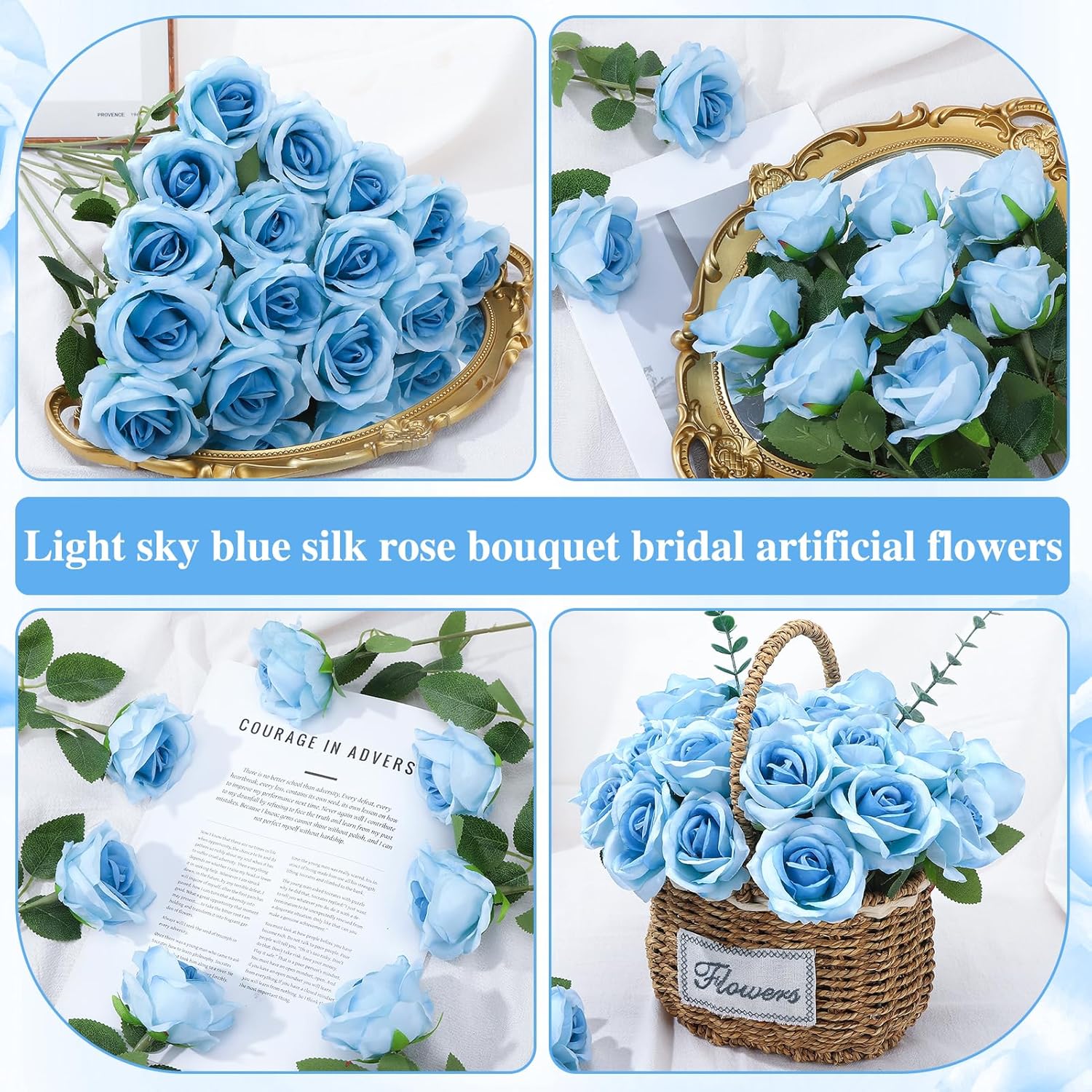80 Pcs Roses Artificial Flowers, Silk Light Sky Blue Artificial Flowers Petals Long Stem Roses For Wedding Bouquet Home Party Decor