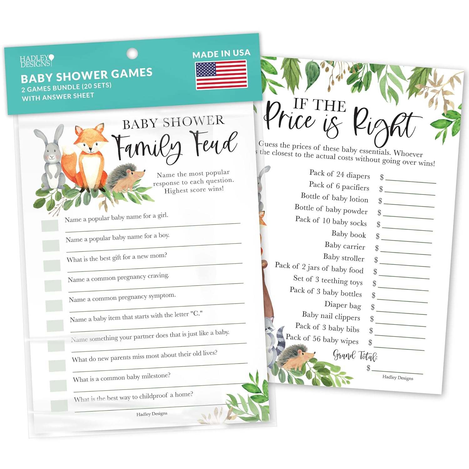 Hilarious Baby Shower Games Set – 20 Double-Sided Cards For 20 Guests, 2 Games, The Price Is Right Baby Shower Game, Family Feud, Gender Neutral And Fun For Boys & Girls (Woodland)