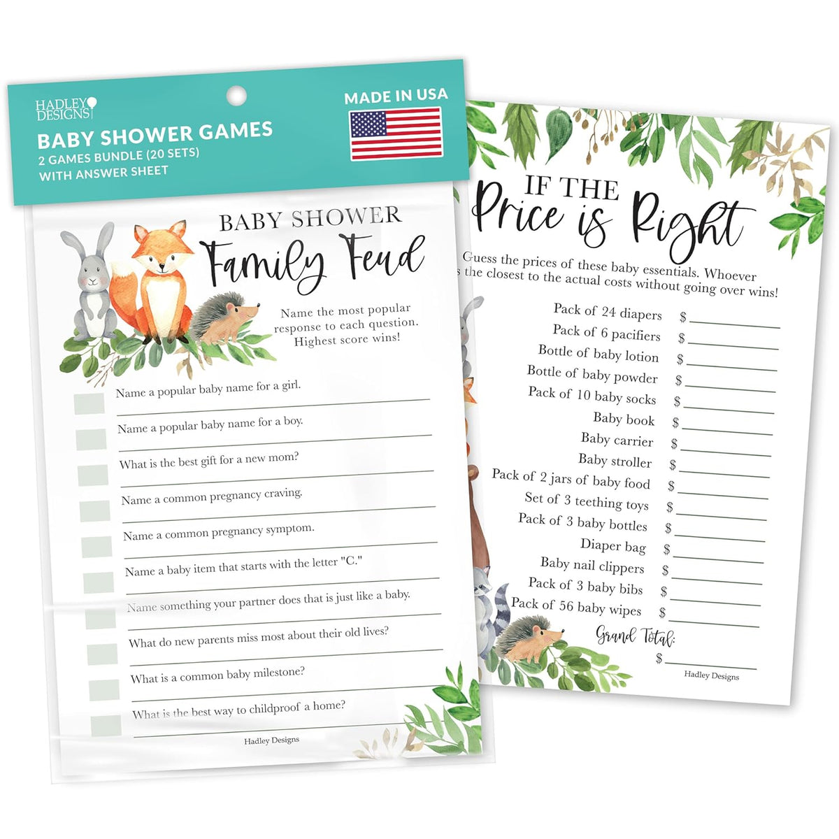 Hilarious Baby Shower Games Set – 20 Double-Sided Cards For 20 Guests, 2 Games, The Price Is Right Baby Shower Game, Family Feud, Gender Neutral And Fun For Boys & Girls (Woodland)