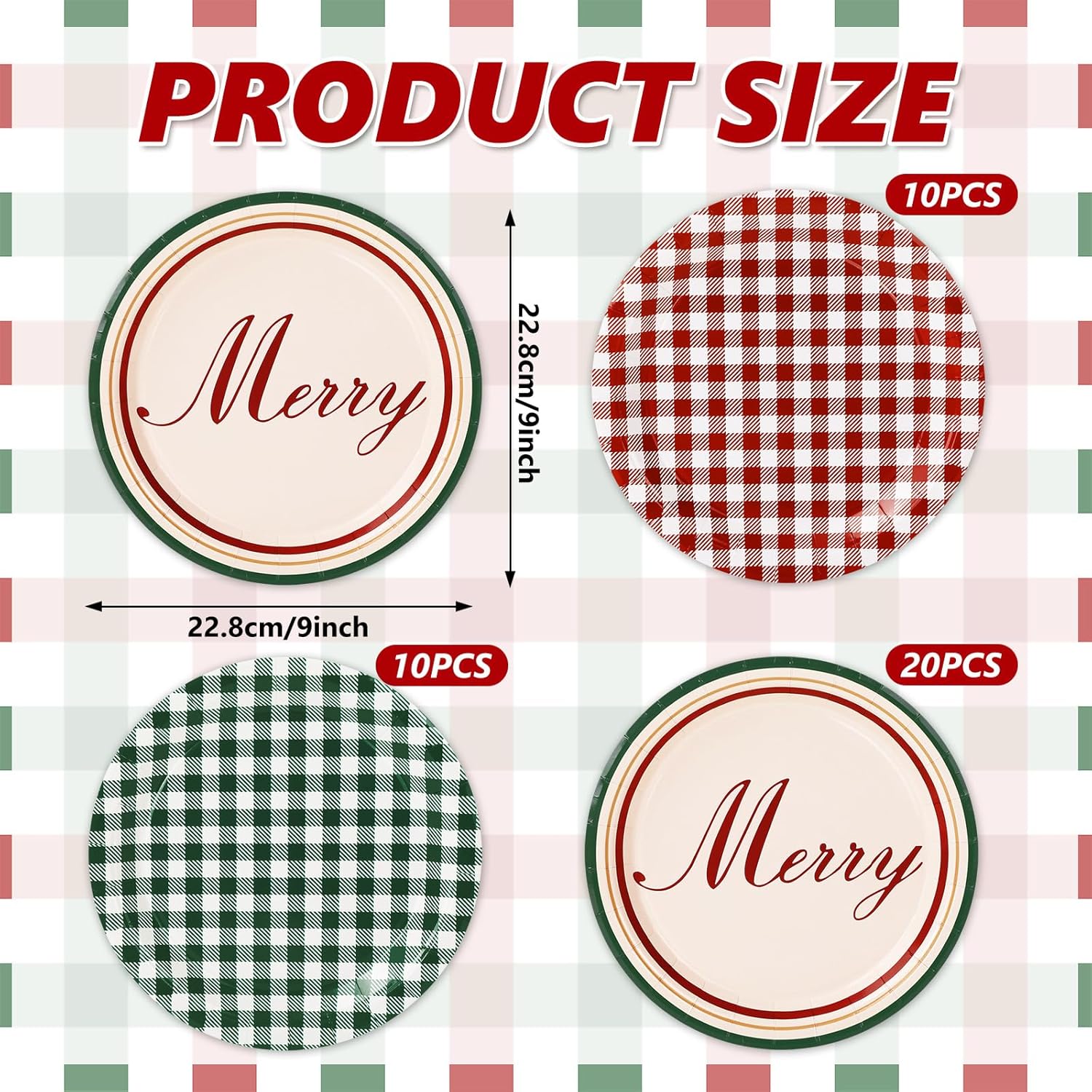 Merry Christmas Paper Plate Gingham Plaid Disposable Plate 9 Inch Red Green Checkered Dinner Dessert Plate For Xmas Winter Party Supplies Table Decor, 40Pcs