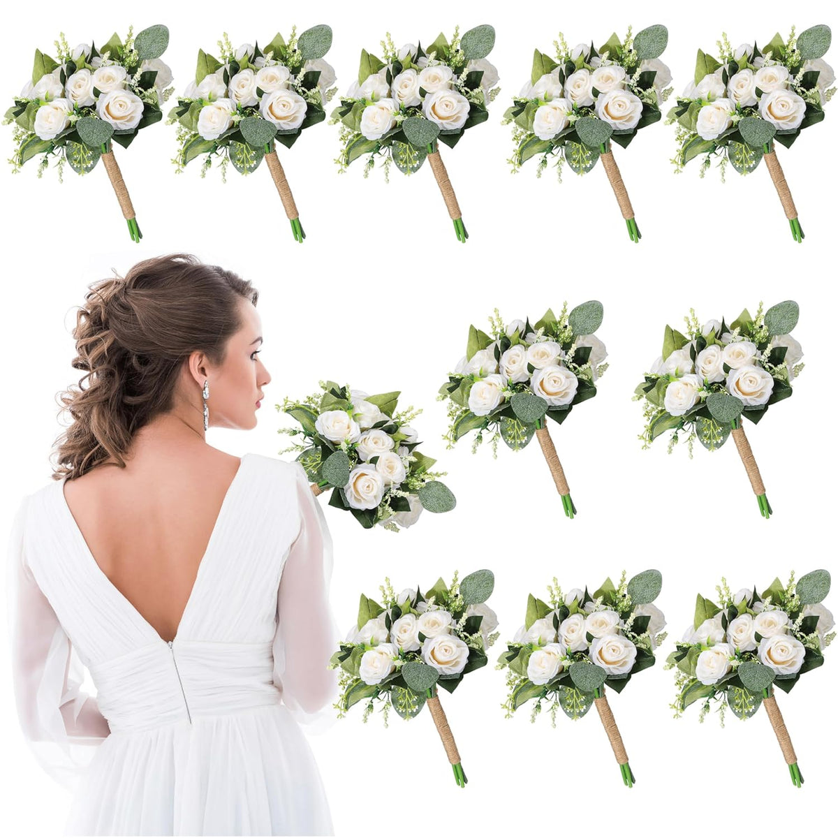10 Pack Bridesmaid Bouquets For Wedding 7 Inch Natural Artificial Flowers Bridesmaid Bouquets Wedding Flowers For Ceremony Anniversary Marriage Centerpieces Decorations(White)