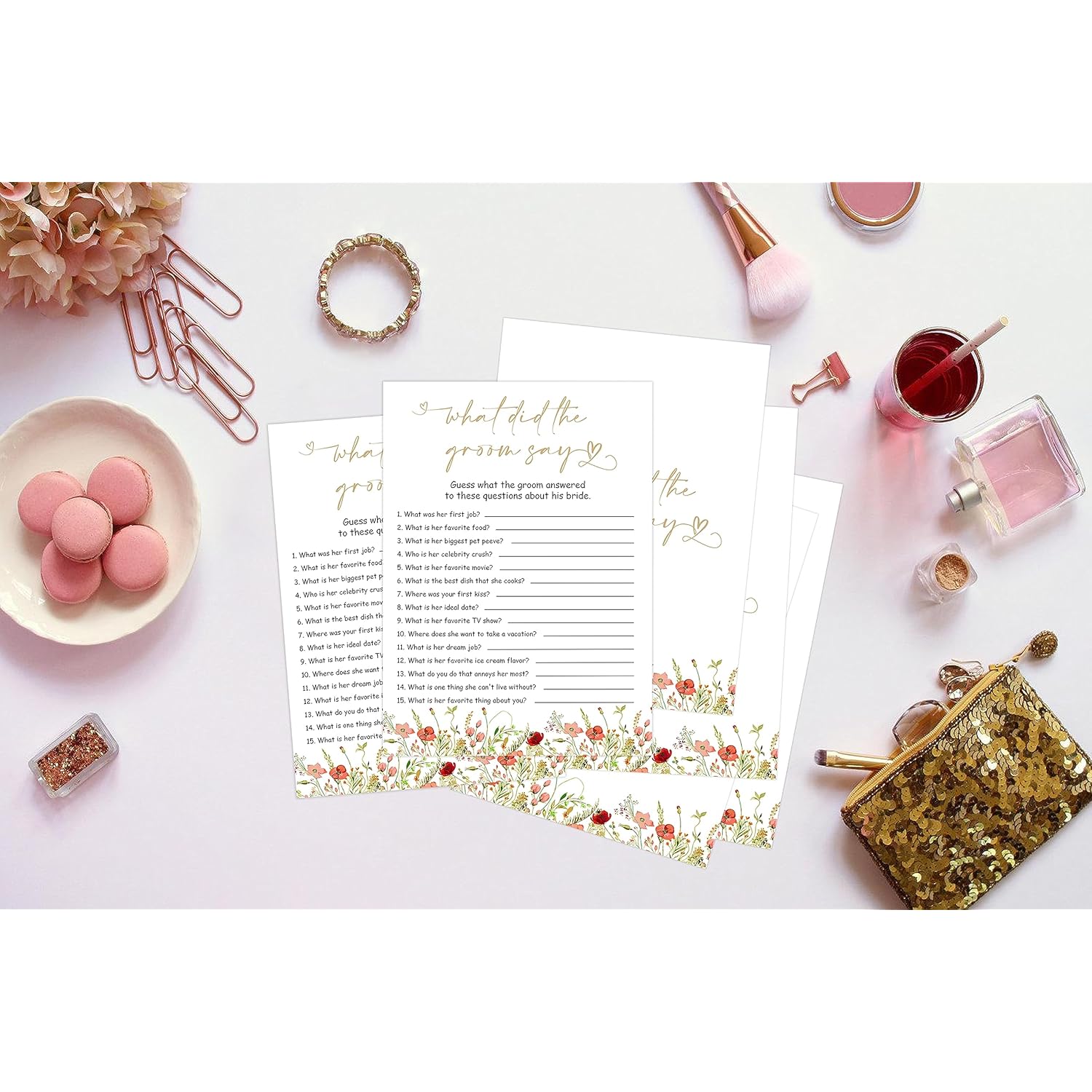 What Did The Groom Say - Bridal Shower Game, Wedding Shower And Bachelorette Party - Set Of 30 Cards, Boho Floral Bridal Wedding Activities Game Cards For Guests, Bridal Shower Party Decorations-Lk2