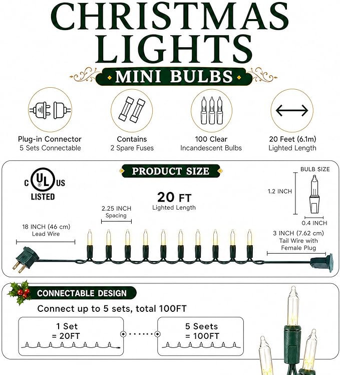 2 Pack 40FT Warm White Christmas Mini String Lights 200 Count Waterproof Indoor Outdoor